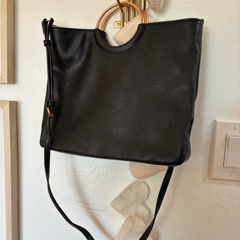 Black Leather Tote with Gold Handles